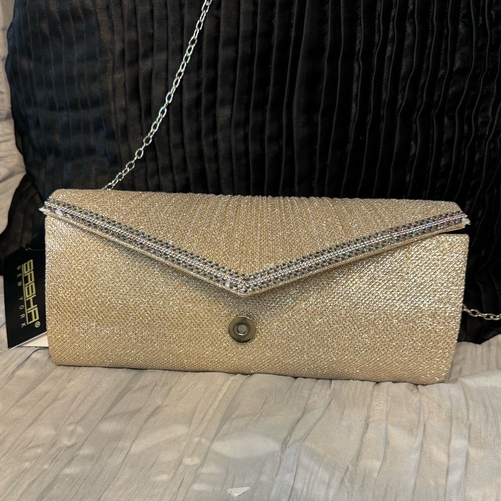 Gorgeous Champagne Gold Sparkly Evening Clutch Silver and An Extra Gold Chain